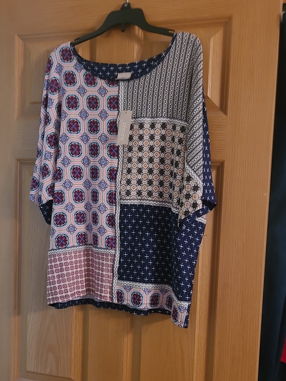 Chico's Navy and Pink Patchwork Scoop Neck Tunic